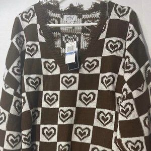 Women's Sweater Just Polly Plus Size 3X Mini Hearts Brown, new with tags~